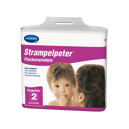A pack of Hartmann Strampelpeter® flake diapers - 56 absorbent diapers with the image of a baby touching a woman's face. The text indicates "Size 2" and includes.