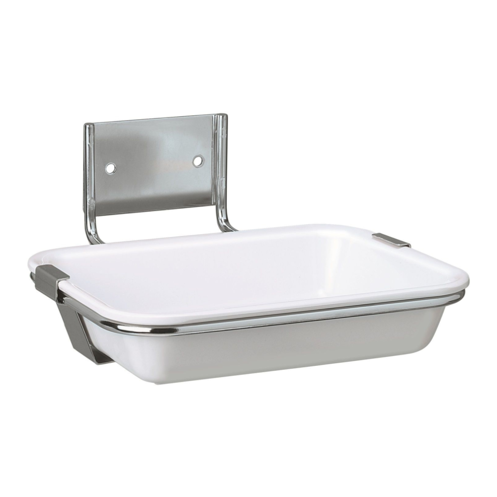 Image of a wall-mounted soap dish. The soap dish, Hartmann drip tray for wall mounting, for Eurospender 1 & 1plus | Piece (1 piece) by Paul Hartmann AG, is rectangular with white sides and a stainless steel frame. It is attached to a metal bracket with two holes for wall mounting. The design is minimalist and functional, suitable for medical facilities.