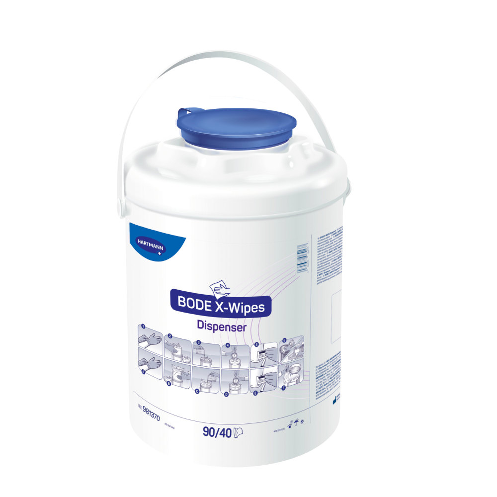 A white plastic bucket with the inscription "Paul Hartmann AG BODE X-Wipes Disinfection Dispenser" with a blue lid and white handle, featuring graphics of dispenser mechanisms. The bucket is intended for holding disinfectant.
