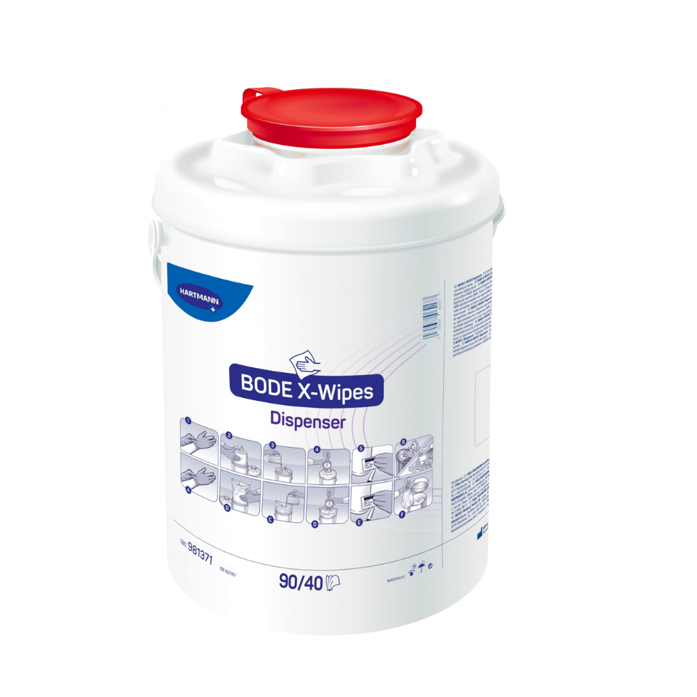 White dispenser bucket made of plastic for Hartmann BODE X-Wipes disinfection dispenser by Paul Hartmann AG with a red lid and blue lettering including diagrams and text. The bucket is intended for holding disinfectant wipes.