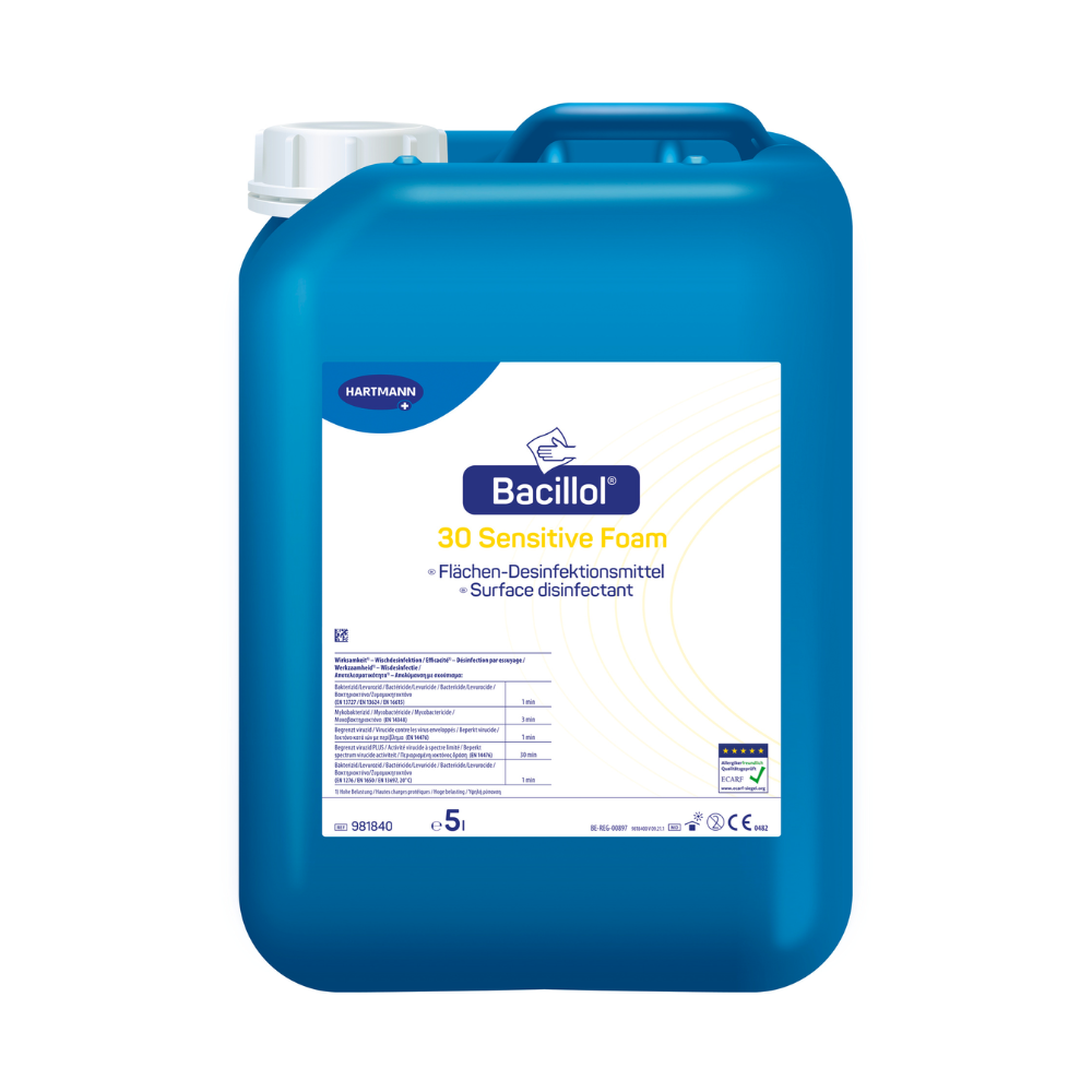 A blue plastic container labeled for Hartmann Bacillol® 30 Sensitive Foam Rapid Disinfectant, a sensitive surface disinfectant. The container holds 5 liters of liquid. (Brand name: Paul Hartmann AG)