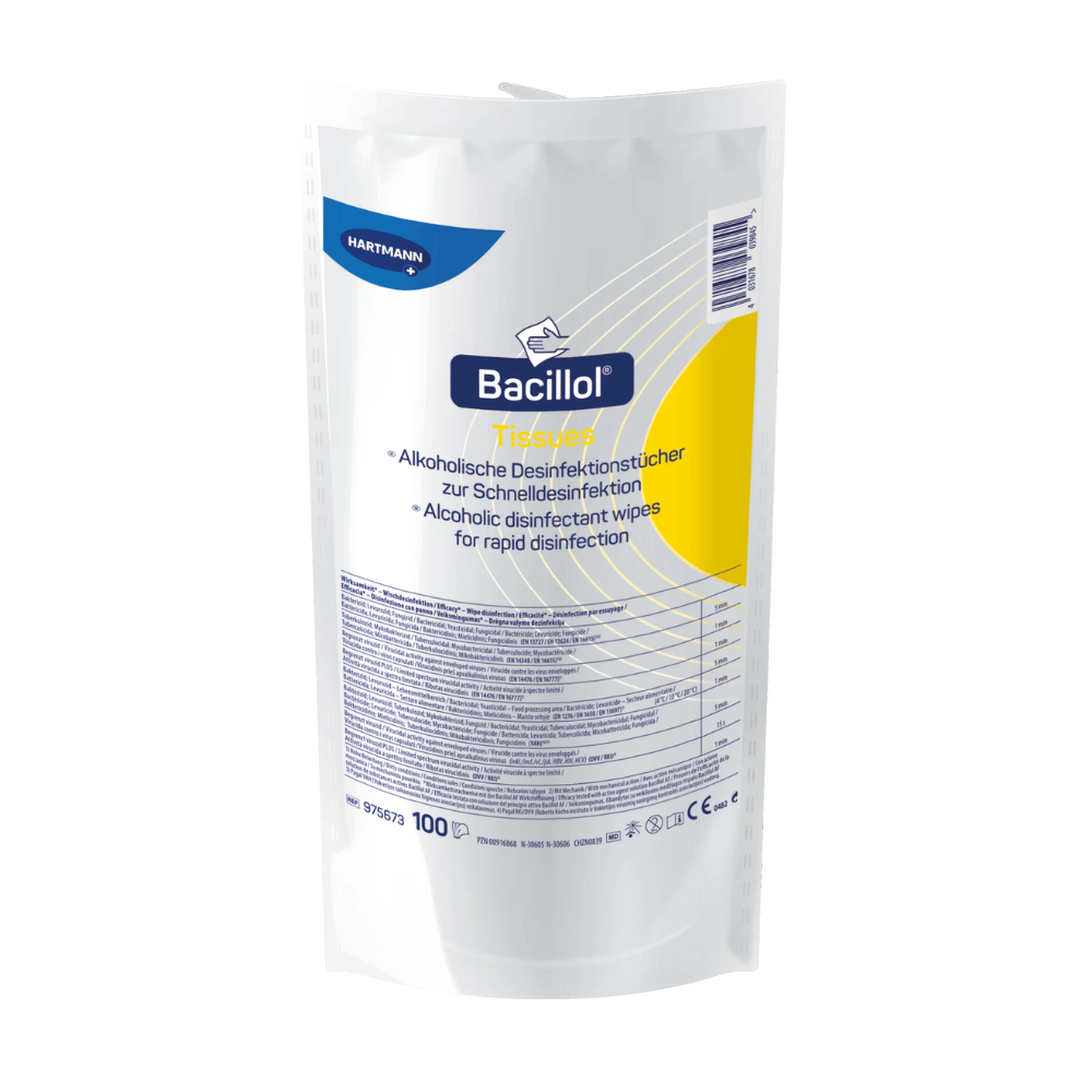 A white-blue package of Hartmann Bacillol® Tissues disinfectant wipes, alcohol-based wipes, with text describing the product features. The package is designed for quick disinfection and contains. Brand name: Paul Hartmann AG