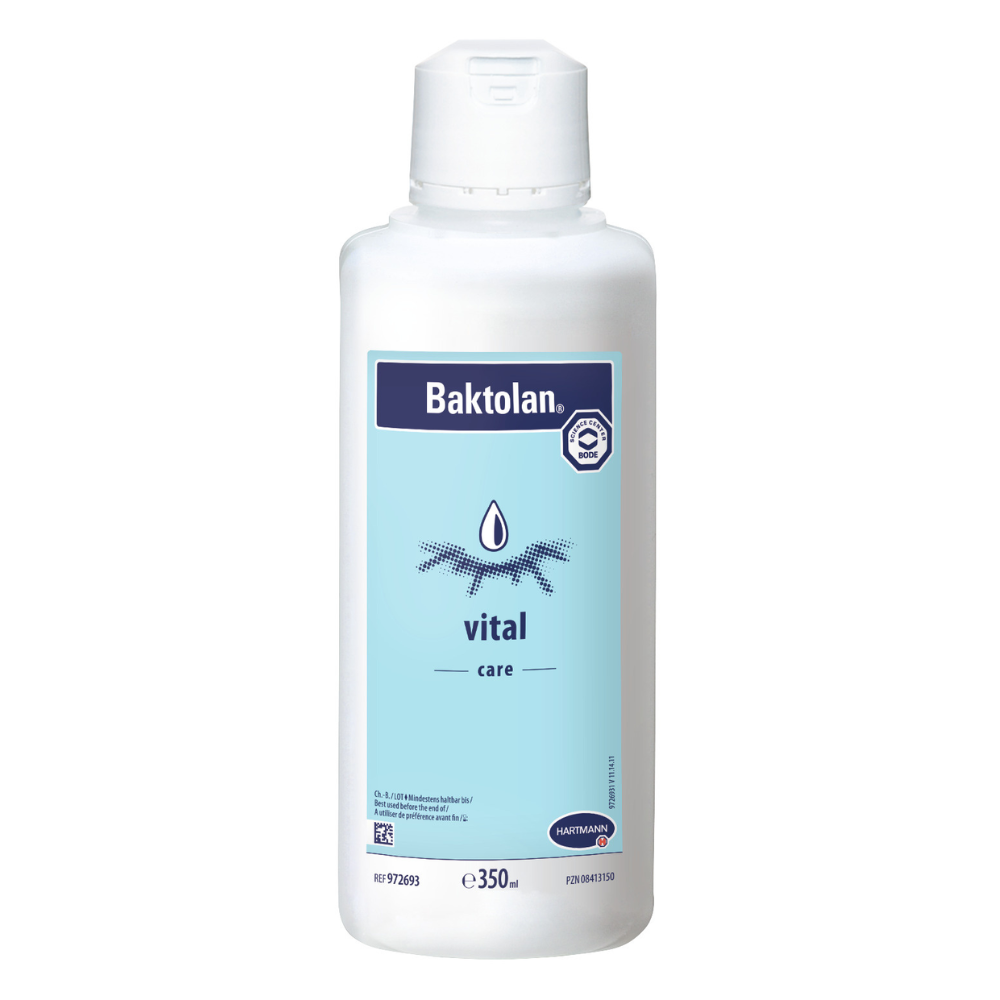 The white bottle has a blue label with the inscription “Baktolan vital care” and a drop design that highlights the benefits of the hydro gel in white lettering. It has a light blue cap and logos that promote skin elasticity under the main label. Capacity: 350 ml. Brand: Paul Hartmann AG, Product: Hartmann Baktolan vital (1 piece).