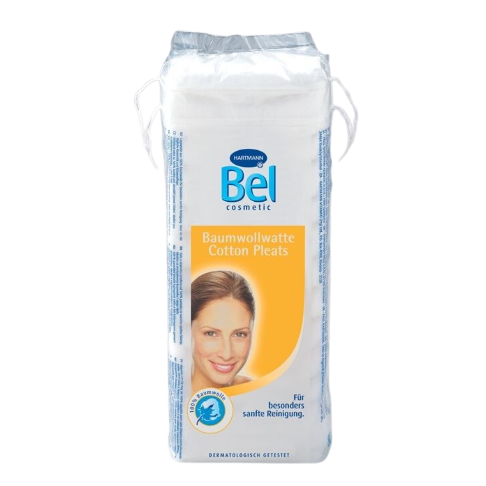 A pack of Bel Cosmetic cotton wool from Paul Hartmann AG with a woman's face on the front emphasizes gentle cleansing for skincare. This dermatologically tested cosmetic product contains texts in German and English and is delivered in a 100-g pack.