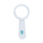 A white canister key for 2l/5l/10l made of plastic with a round head with multiple slots, suitable for various nut sizes, and a handle with the logo "Paul Hartmann AG" in blue and green. This tool also serves as