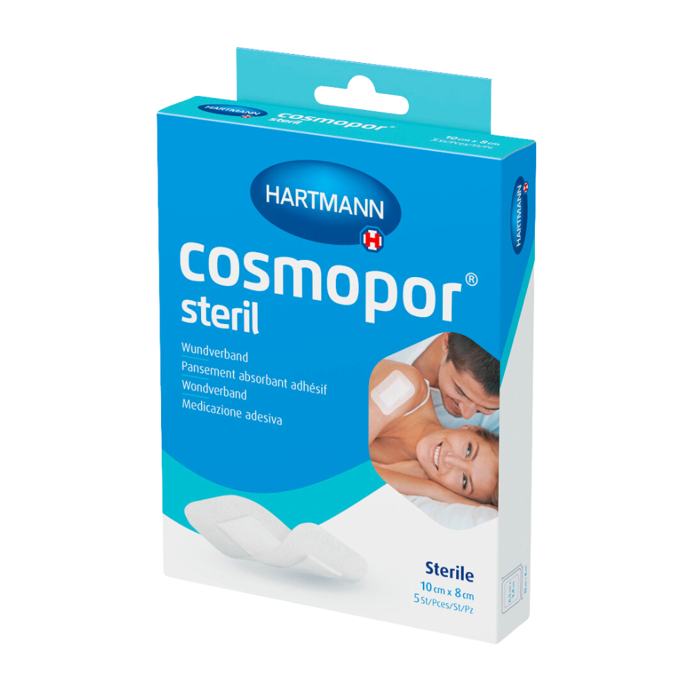 A product image of a Paul Hartmann AG Hartmann Cosmopor® Sterile Wound Dressing - 5 piece dressing box. The packaging is blue and white and shows a photo of a woman applying a dressing to a man.