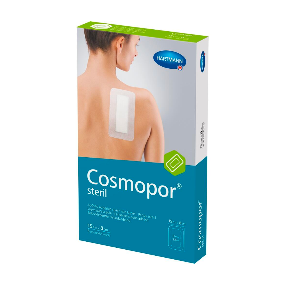 Packaging of the Hartmann Cosmopor® Sterile Wound Dressing by Paul Hartmann AG - 5 piece boxes with a size of 15 x 8 cm, with a photo of a person applying the wound dressing to their back.