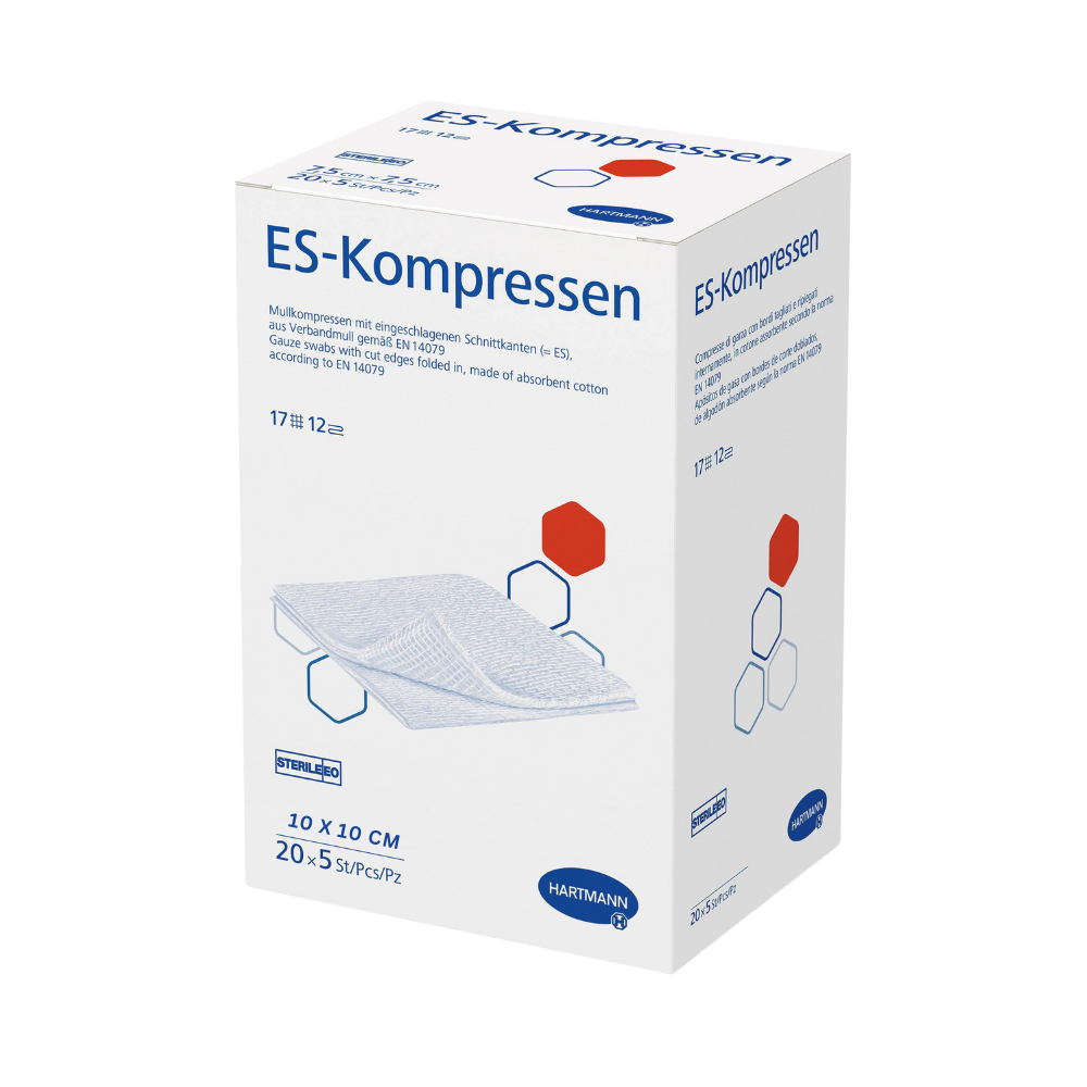 A box of Hartmann ES compresses 10 x 10 cm, 12-ply, sterile medical gauze by Paul Hartmann AG, with text and graphics in blue and red on a white background, including product information such as the size (10 x 10 cm).