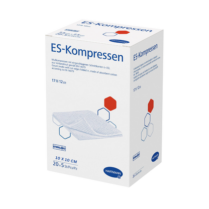 A box of Hartmann ES compresses 10 x 10 cm, 12-ply, sterile medical gauze by Paul Hartmann AG, with text and graphics in blue and red on a white background, including product information such as the size (10 x 10 cm).
