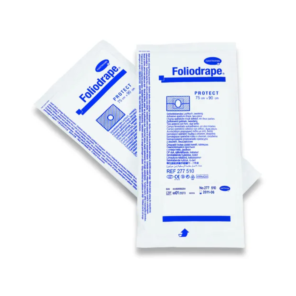 The photo shows two packages labeled "Hartmann Foliodrape® Protect self-adhesive sterile drapes," indicating the hygienically impeccable and sterile wound dressings of Paul Hartmann AG. The packaging is provided with product specifications and a blue logo and measures 75 cm x 90 cm.
