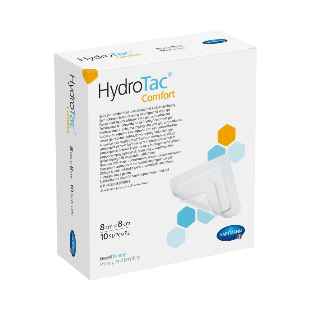 The Hartmann HydroTac Comfort 8x8cm wound dressings are labeled with multilingual text, an image of the dressing on a blue background, and the Paul Hartmann AG logo on the bottom. The package contains 10 pieces.