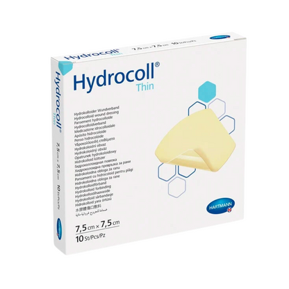 A box of Hartmann Hydrocoll® thin dressing hydrocolloid wound dressing from Paul Hartmann AG, size 7.5 cm x 7.5 cm, containing 10 pieces.