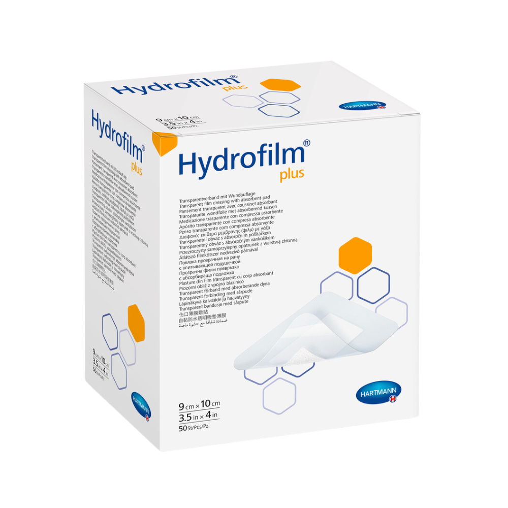 A box of Hartmann Hydrofilm® Plus transparent dressings by Paul Hartmann AG, with product text and details, presented with an image of the dressings on the side.