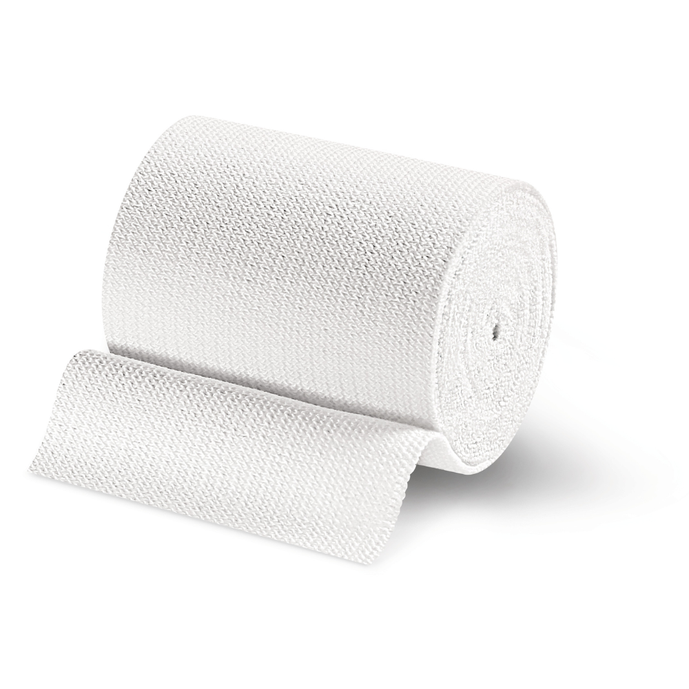 A roll of the white medical bandage Idealbinde by Paul Hartmann AG, partially unrolled, isolated on a white background.