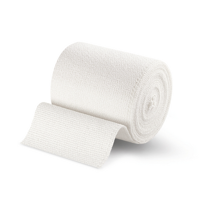 A roll of Hartmann Idealflex® light universal bandage - 10 bandages with light compression effect, partially unrolled, isolated on a white background by Paul Hartmann AG.