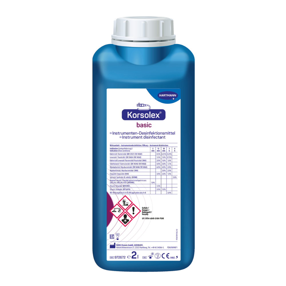 A 2-liter bottle of Hartmann Korsolex® basic instrument disinfectant from Paul Hartmann AG with German labels containing information on application and safety in blue and white colors, as well as hazard symbols.
