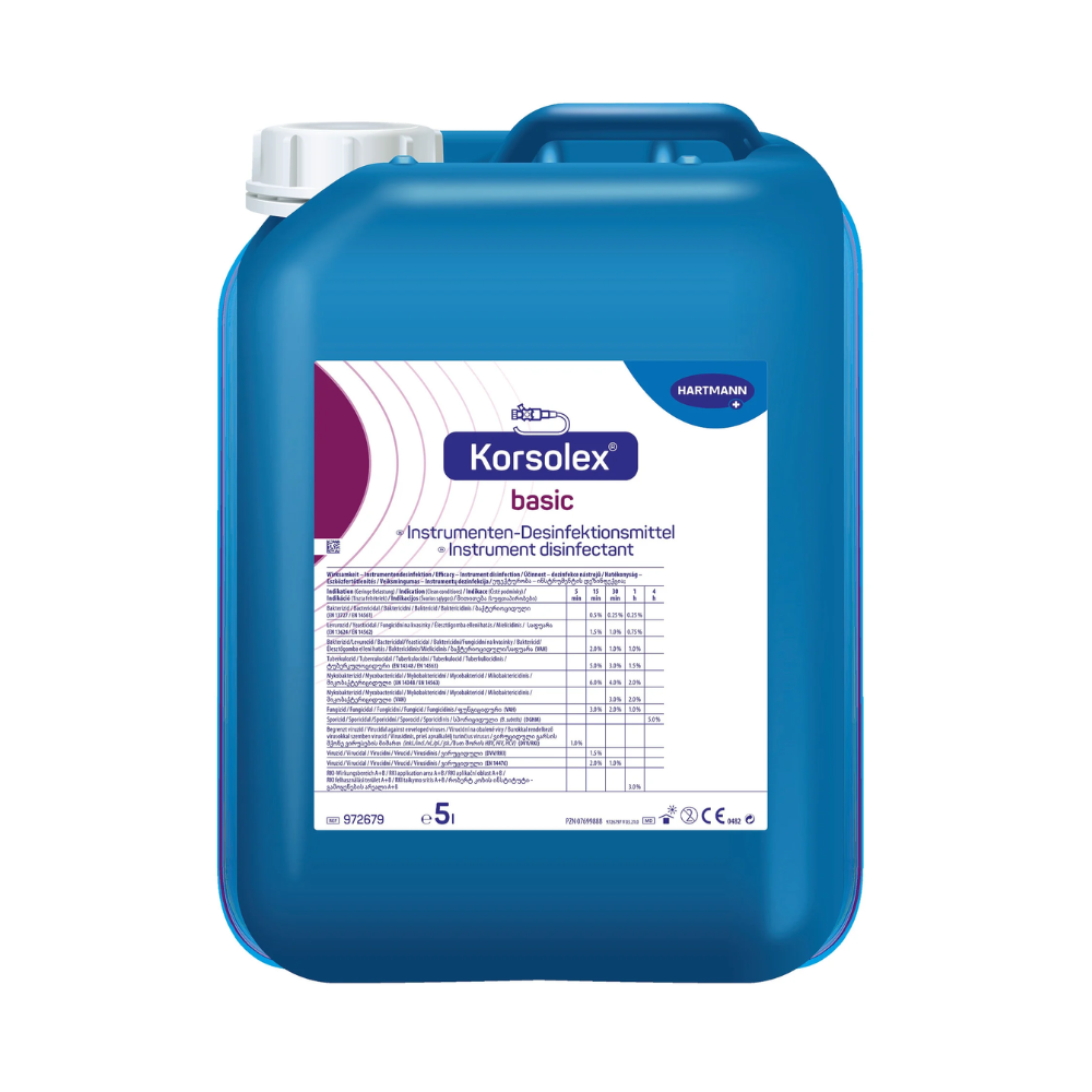 A 5-liter canister made of blue plastic with Hartmann Korsolex® basic instrument disinfectant from Paul Hartmann AG, with labels containing multilingual instructions for use and clearly visible CE marking.