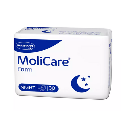 A pack of Hartmann MoliCare Form Night incontinence pads | Pack (30 pieces) for urine and fecal incontinence. The pack shows the logo of Paul Hartmann AG, contains 30 incontinence pads, and features a symbol with a crescent moon and stars, indicating that they are intended for nighttime use. The design is mainly white and blue.