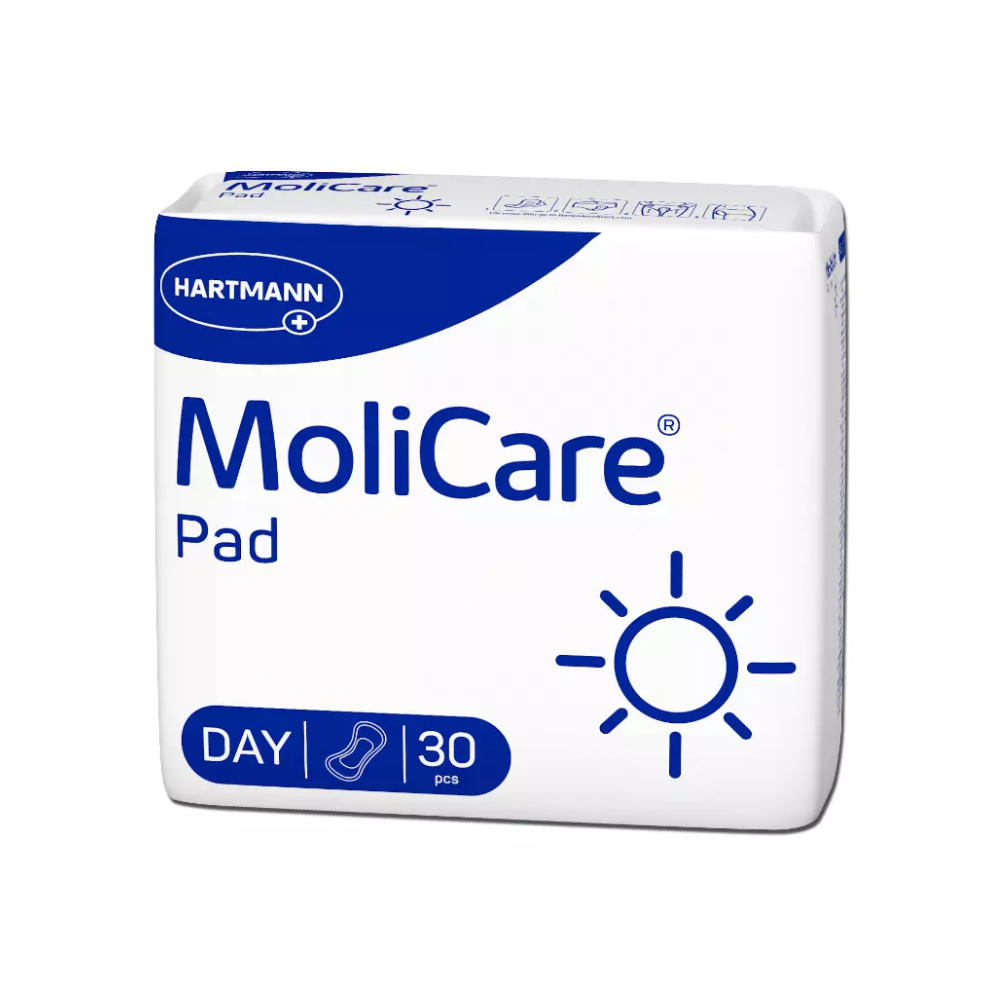 Image of a package of Hartmann MoliCare Pad Day incontinence pads | Package (30 pieces), designed for light bladder weakness. The predominantly white package with blue accents and text indicates the use 'DAY', contains 30 pieces, and shows a sun symbol from Paul Hartmann AG.