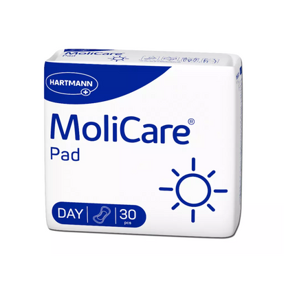 Image of a package of Hartmann MoliCare Pad Day incontinence pads | Package (30 pieces), designed for light bladder weakness. The predominantly white package with blue accents and text indicates the use 'DAY', contains 30 pieces, and shows a sun symbol from Paul Hartmann AG.