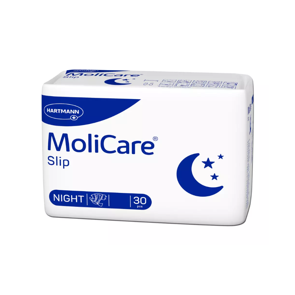 A 30-pack of Hartmann MoliCare Slip Night incontinence briefs from Paul Hartmann AG features predominantly white packaging with blue accents, a crescent moon and stars for reliable protection.
