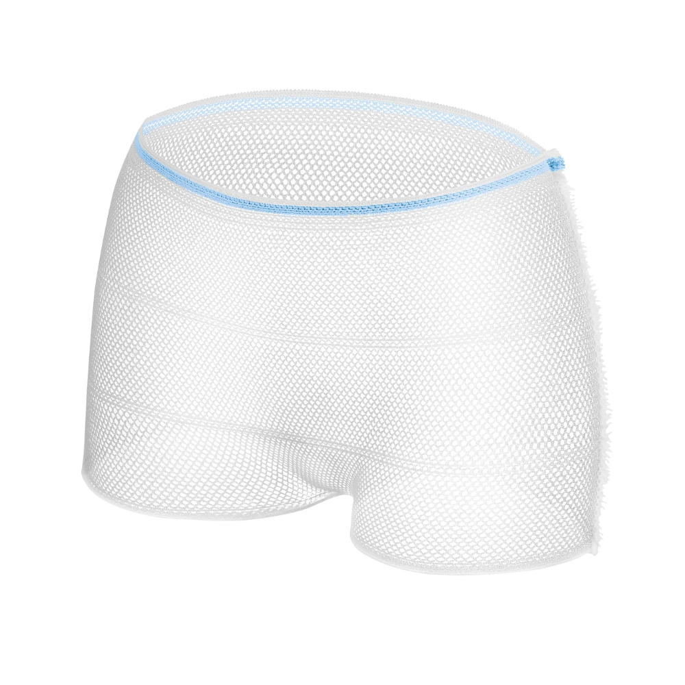The Hartmann MoliCare® Fixpants mesh pants by Paul Hartmann AG are semi-transparent, white disposable underpants made of mesh material with a blue waistband and are ideal for single use with incontinence pads. Pictured on a plain white background.