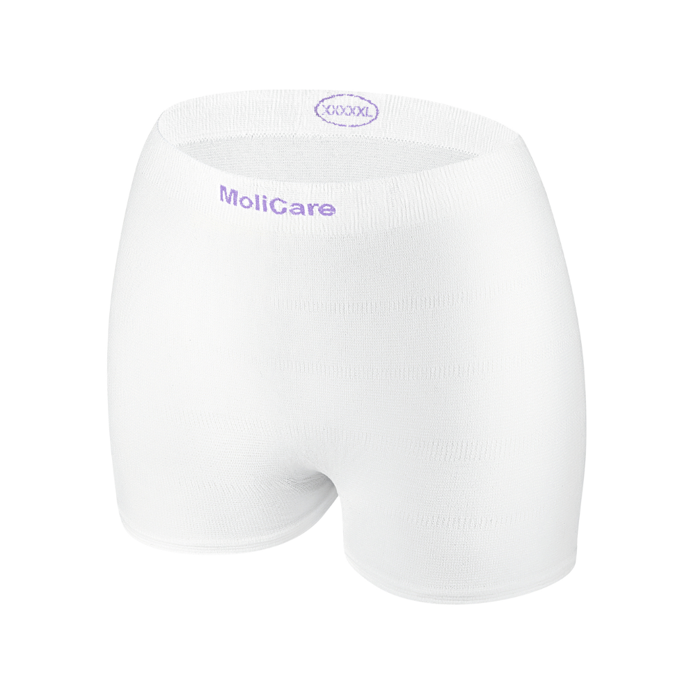 Hartmann MoliCare® Fixpants mesh pants by Paul Hartmann AG: white disposable stretch underwear with 'MoliCare' and 'XXXXL' in purple on the waistband, depicted on a plain white background for seamless comfort and secure fixation of incontinence pads.
