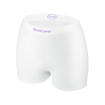 Hartmann MoliCare® Fixpants mesh pants by Paul Hartmann AG: white disposable stretch underwear with 'MoliCare' and 'XXXXL' in purple on the waistband, depicted on a plain white background for seamless comfort and secure fixation of incontinence pads.