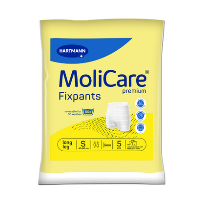 A yellow/white package of MoliCare® Fixpants mesh pants by Paul Hartmann AG, size S (45–80 cm waist), long leg, 5 reusable pieces (up to 50 washes), ideal for securing incontinence pads. Product image on the front.