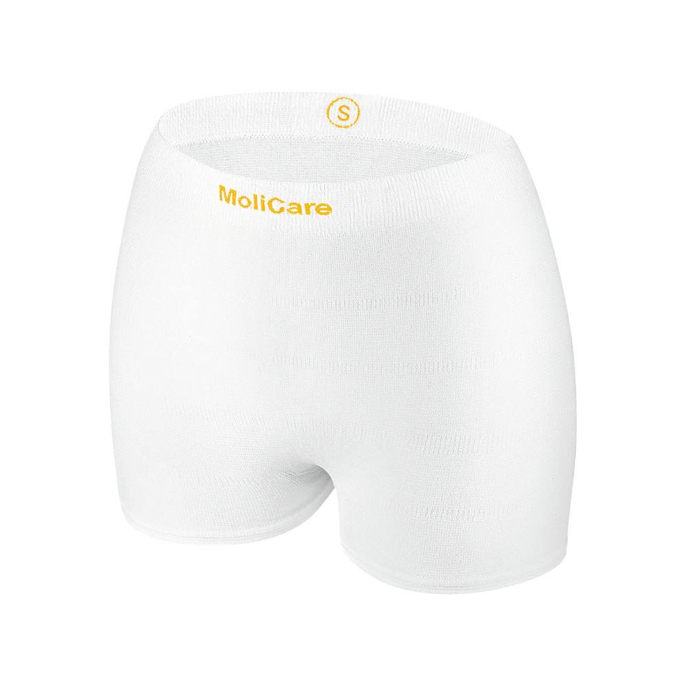 Hartmann MoliCare® Fixpants mesh pants by Paul Hartmann AG are seamless, white underpants with a 'MoliCare' waistband and size marking 'S', designed for comfortable and secure fixation of incontinence pads.