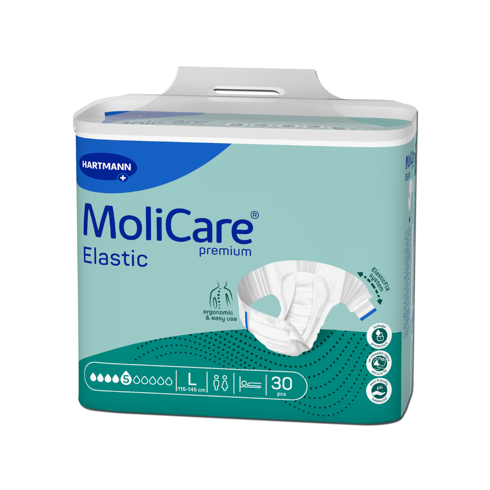 A pack of Hartmann MoliCare® Premium Elastic 5 drops diapers by Paul Hartmann AG in size L with a quantity of 30 and symbols for ergonomic fit on a light blue background.