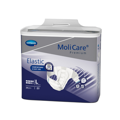 A blue-white pack of Hartmann MoliCare® Premium Elastic adult diapers in size L from Paul Hartmann AG with 24 pieces, emphasizing comfort and easy application.