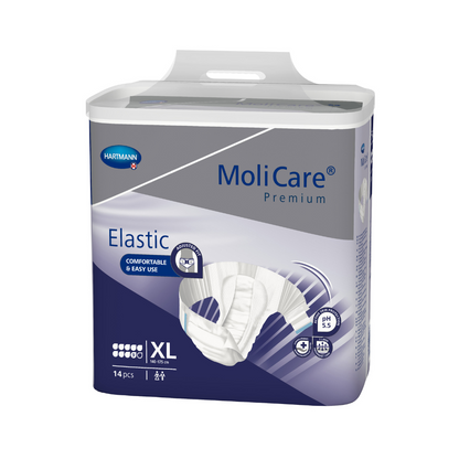 A product image of a container with Hartmann MoliCare® Premium Elastic adult diapers from Paul Hartmann AG, size XL, with 14 pieces per pack. The packaging highlights wearing comfort and skin health-promoting properties.
