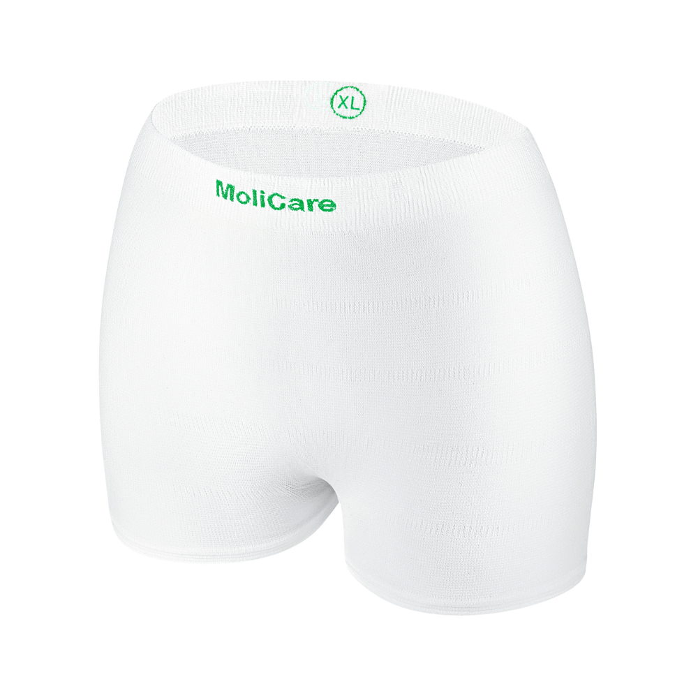 White Hartmann MoliCare® Fixpants disposable mesh pants by Paul Hartmann AG, green with the inscription 'XL' on a white background. Designed for adults, ideal for securing incontinence pads with seamless, secure fit.