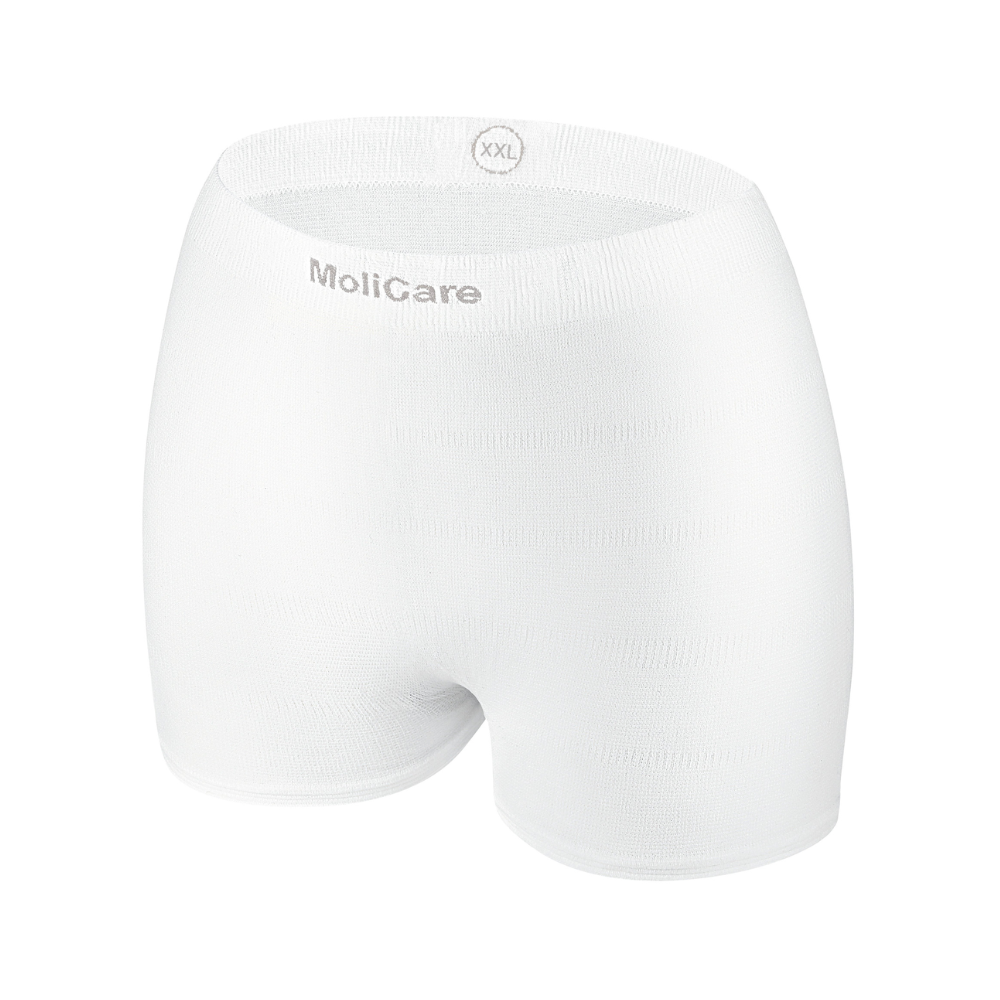 Hartmann MoliCare® Fixpants mesh pants by Paul Hartmann AG are white, seamless, elastic pants with the inscription 'MoliCare' and 'XXL' on the waistband, securely holding incontinence pads. Depicted on a plain white background.
