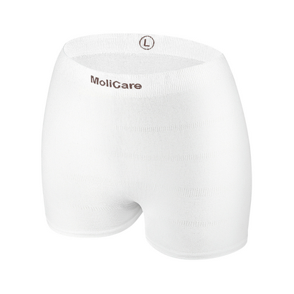 Hartmann MoliCare® Fixpants mesh pants by Paul Hartmann AG, white incontinence underwear for adults in size L with waistband label, designed for secure fixation of incontinence pads, depicted on a plain white background.