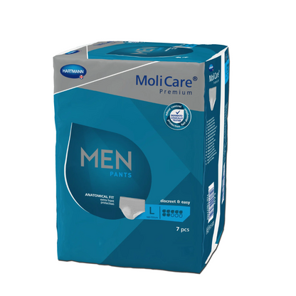 Package of Paul Hartmann AG Hartmann MoliCare® Premium MEN PANTS incontinence pants in size Large, contains 7 pieces. The blue package with white text emphasizes the anatomical fit of the product and the discreet, easy protection against male bladder weakness.