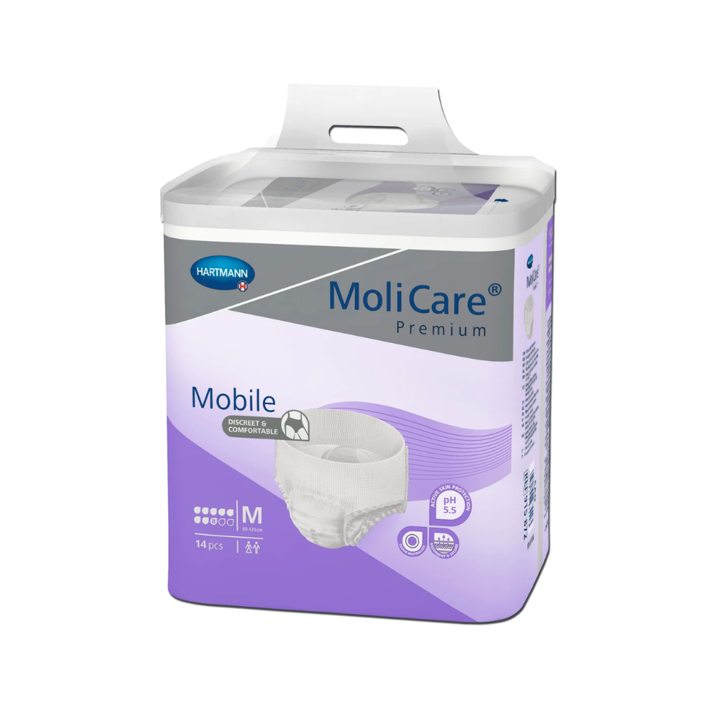 A pack of Hartmann MoliCare® Premium Mobile incontinence pants adult diapers by Paul Hartmann AG in size Medium with 14 pieces. The packaging is purple and white and has a picture of the diaper on the front.