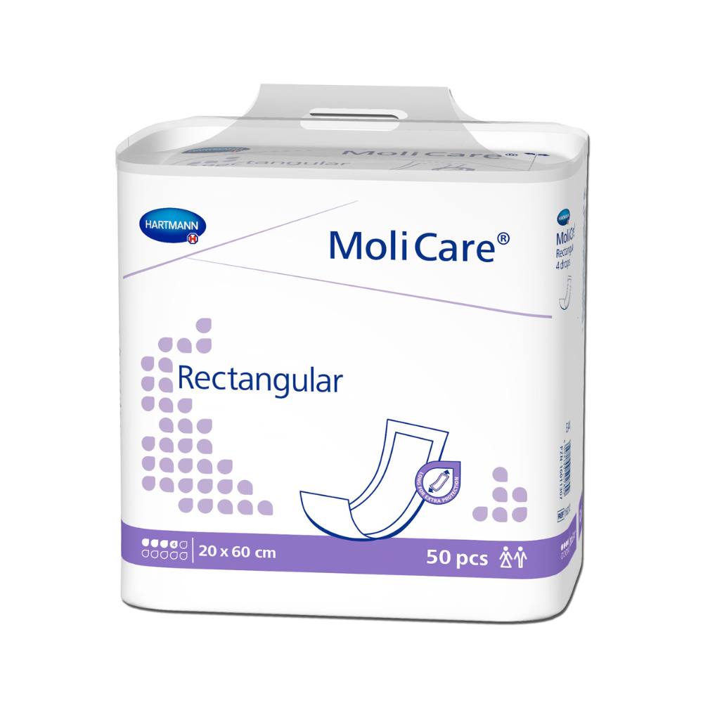 A pack of Hartmann MoliCare® Rectangular Insert, 4 drops by Paul Hartmann AG shows a pad image, measures 20 x 60 cm and contains 50 pieces – ideal for bladder weakness.