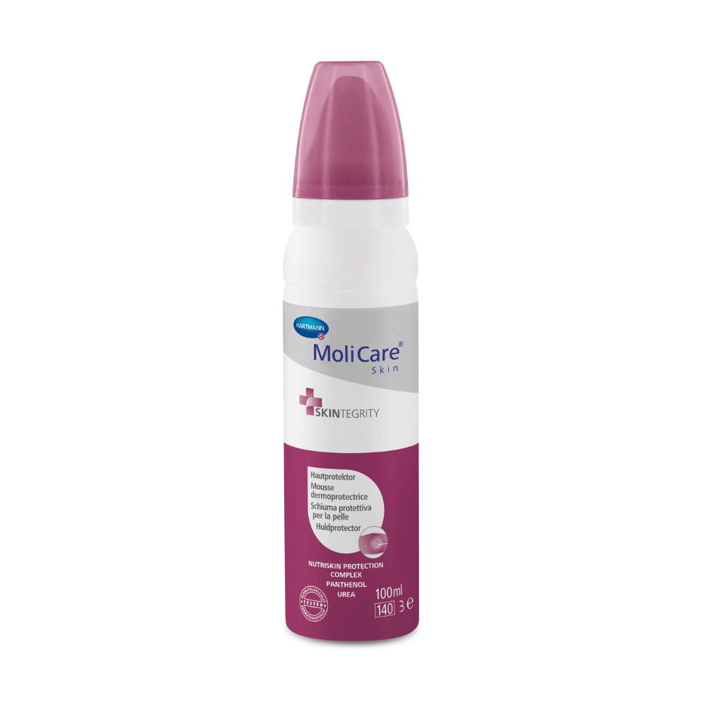 A bottle of protective skincare oil Hartmann MoliCare® Skin Skin Protector with a white body and pink cap and blue and black lettering stands upright on a white background.