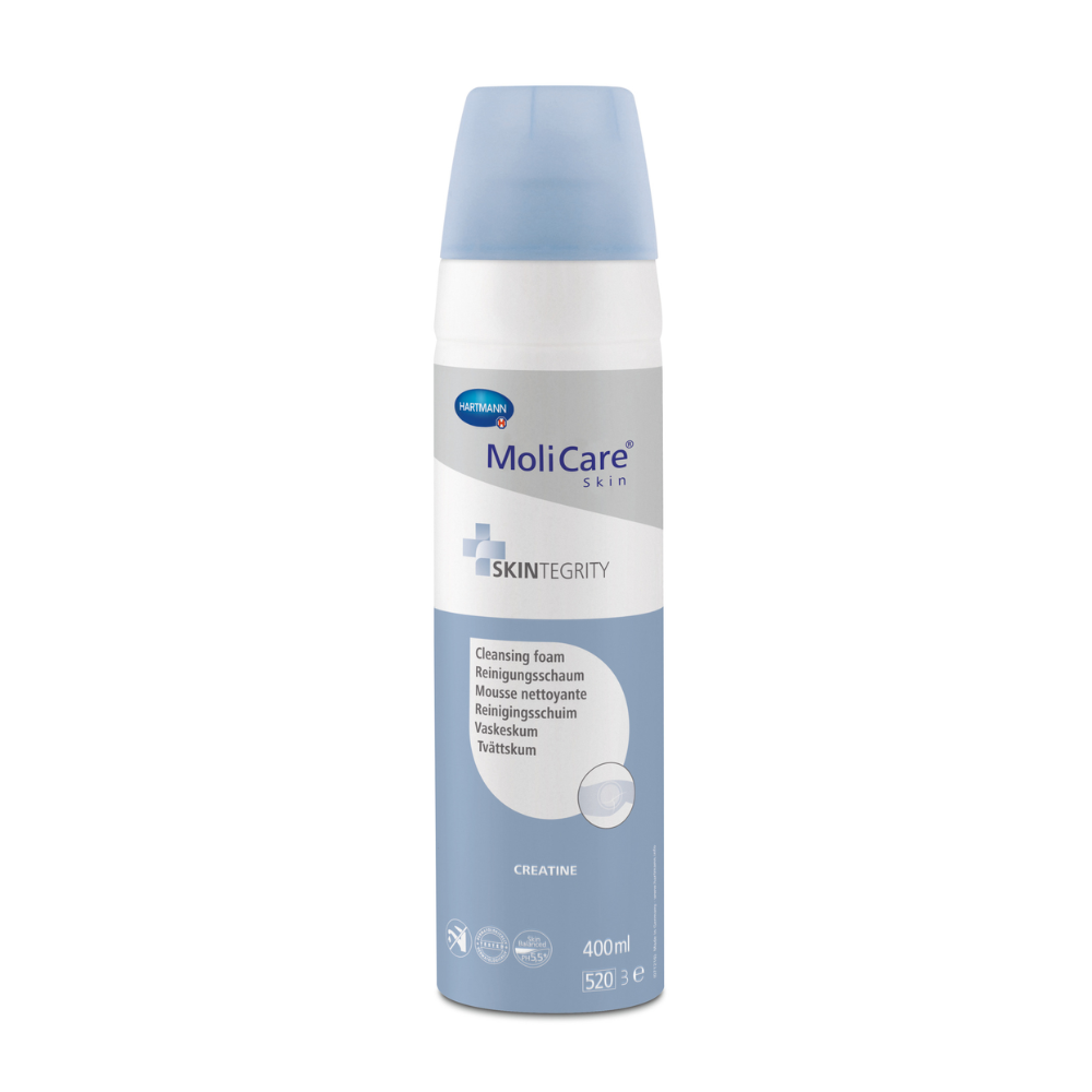 A 400-ml bottle of MoliCare® Skin Cleansing Foam by Paul Hartmann AG with a blue-white label and multilingual text on a plain white background.