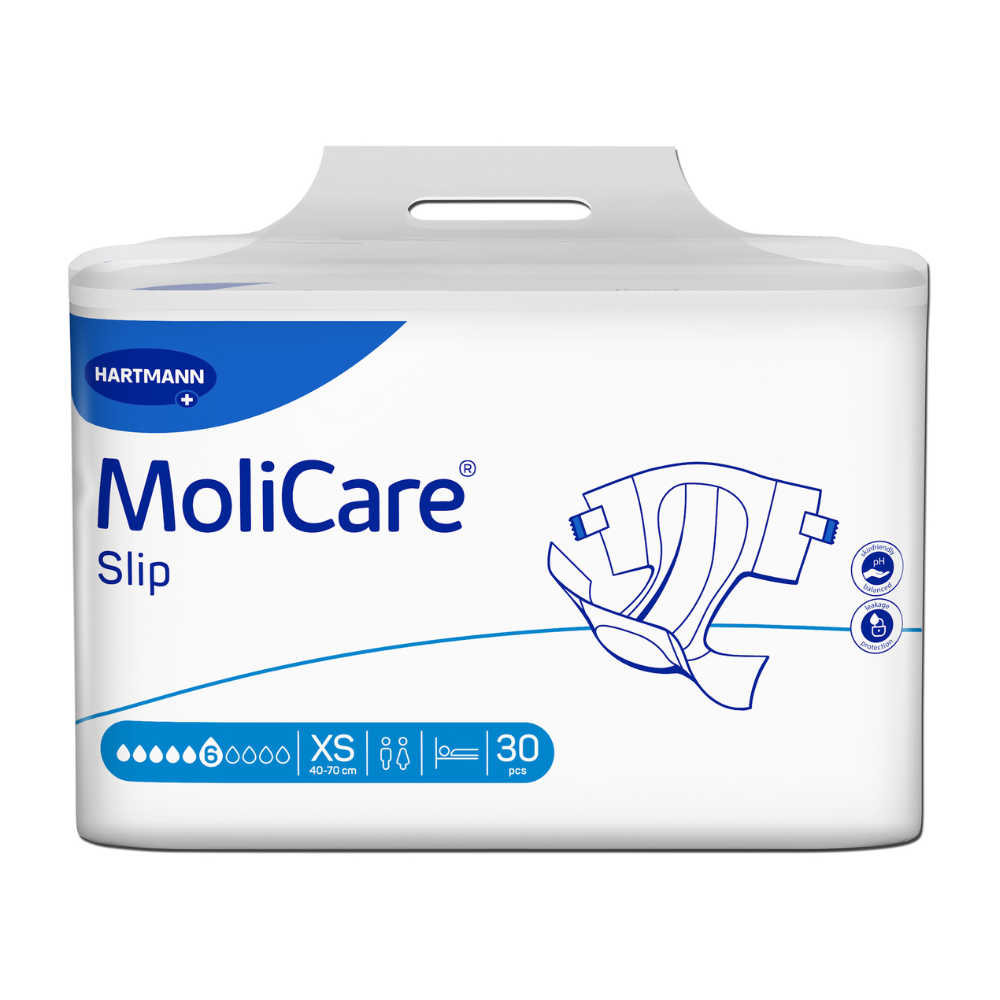 A pack of Hartmann MoliCare® Slip 6 drop diapers in white-blue design with diaper symbol and information symbols indicates a size XS with 30 pieces in the pack.