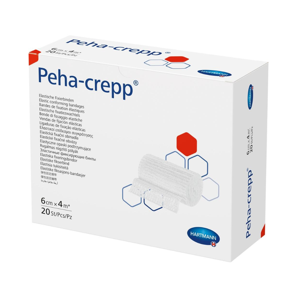 A box of Hartmann Peha-crepp® super-elastic fixation bandage – 20 pieces by Paul Hartmann AG, with multilingual descriptions and an illustration of the bandages on the right side of the packaging.