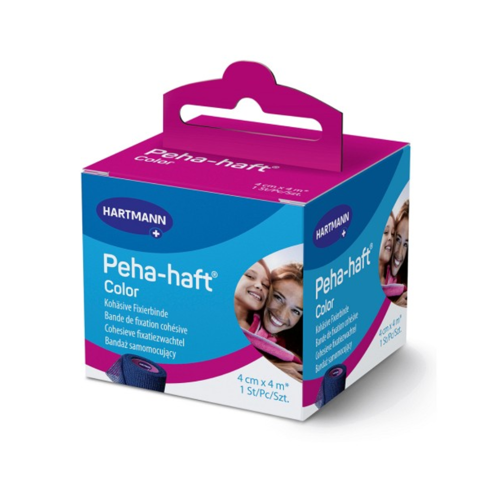 A product packaging of 'Hartmann Peha-haft Color elastic fixation bandage, blue', with images of smiling people on the sides. The box is pink and blue, indicating 4 cm x 4 m, from Paul Hartmann AG.