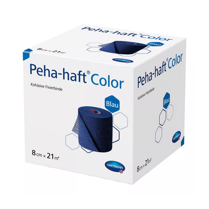 A box of Hartmann Peha-haft Color elastic fixation bandage, blue, cohesive bandage roll from Paul Hartmann AG, with German labeling and size indication 8 cm x 2.1 m.