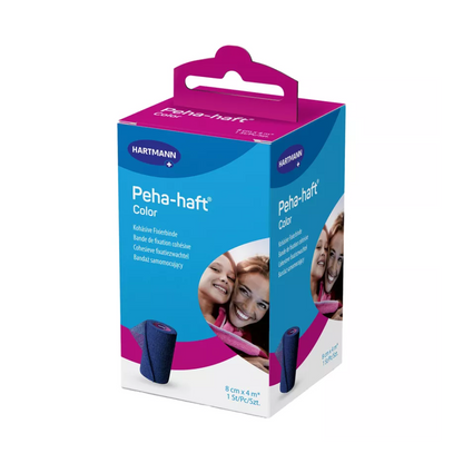 A product packaging for Hartmann Peha-haft Color elastic fixation bandage, blue, from Paul Hartmann AG, consisting of a blue-pink box with the image of two smiling women and a visible pink bandage roll.