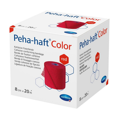 Carton with Paul Hartmann AG Hartmann Peha-haft Color elastic fixation bandage, blue cohesive fixation bandage, dimensions 8 cm x 20 m. The packaging contains multilingual text and shows a