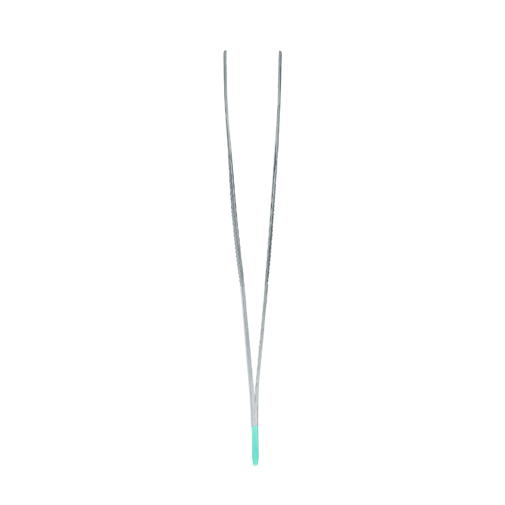 An anatomical forceps by Hartmann Adson, a straight 12 cm long metal forceps by Paul Hartmann AG with a textured handle and green tip, elegantly set against a flawless white background.