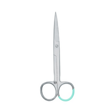 A straight, pointed, silver surgical scissor by Hartmann ChirSchere with a length of 13 cm stands upright against a white background. This sterile scissor by Paul Hartmann AG is distinguished by a subtle blue ring and ensures precision and hygiene with every cut. The package contains 25 pieces.