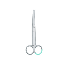 A pair of Hartmann surgical scissors with straight stainless steel blades and rounded tips from Paul Hartmann AG, with light blue rubber grips for added comfort, is fully closed on a white background.